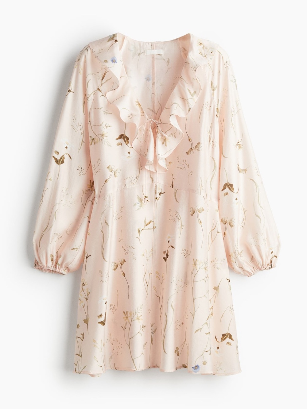 H&M Pale Pink Floral Ruffle Tie-Front Long Sleeve Dress